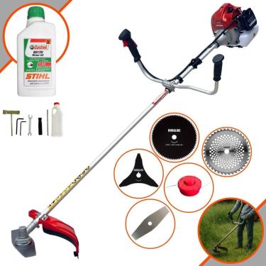 Imagem de Roçadeira Aparador de Grama Lateral Kawashima BCJ620-L À Gasolina 62cc 3HP Robusta Com Carretel de Nylon + Kit 4 Lâminas de Corte + ÓLEO STIHL 2T