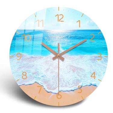 Imagem de PENGHONG Relógio de parede costeiro grande 61 cm azul praia relógios silenciosos operado por bateria relógio de parede redondo de madeira para cozinha, escritório, sala de estar decoração de parede
