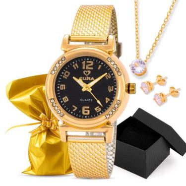 Imagem de Kit Relógio Eura Silicone Dourado + Colar e Brinco, Preto
