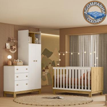 Imagem de Quarto de Bebê com Berço Mini Cama e Roupeiro com Cômoda QEncanto Slim Freijó Branco Acetinado Qmovi + Colchão Ortobom