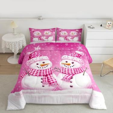 Imagem de Feelyou Conjunto de edredom para todas as estações, boneco de neve fofo com 1 fronha, floco de neve, microfibra, roupa de cama de solteiro, decoração de quarto de inverno, edredom respirável, macio e