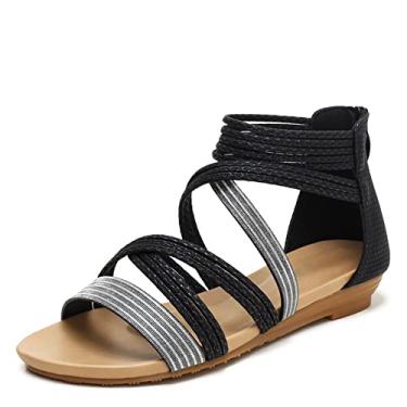 Imagem de WOJWSKI Sandália anabela feminina com bico aberto, salto alto com zíper nas costas, Preto 4, 7