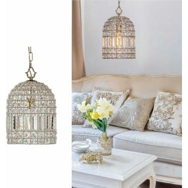 Imagem de WLHAZMWY Candeeiro pendente nórdico moderno cristal transparente vintage acabamento dourado lâmpada suspensa forma gaiola decorativa