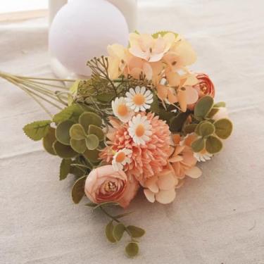 Imagem de Flores artificiais de seda, rosas, girassóis, scrapbook, decoração de casa, natal, casamento, buquê de flores falsas, vaso, arranjo de jardim (laranja, amarelo)