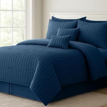Imagem de Conjunto de edredom luxuoso de 8 peças de solteiro, Seersucker (68 x 88), conjunto de edredom leve com lençóis, cama em uma bolsa para todas as estações - azul marinho