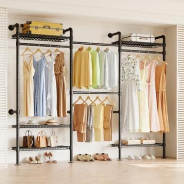 Imagem de Higeego Suporte industrial W3 para roupas, suporte de parede, sistema de guarda-roupa com hastes expansíveis, prateleiras de armazenamento ajustáveis, sistema de armário de canto resistente, preto