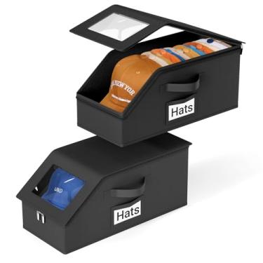 Imagem de AOODA 2 peças empilháveis de armazenamento de chapéus para bonés de beisebol, comporta até 24 bonés organizadores de chapéus para armário, caixas ajustáveis resistentes para homens com papelão (preto