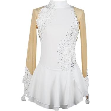 Imagem de Meninas Patinação Artística Vestido Terno De Competição Mulheres Mangas Compridas Strass Ginástica Collant Ballet Dança Outfit, White, XL