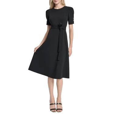 Imagem de DKNY Vestido feminino midi de crepe removível com manga bufante e gola joia, cinto removível, Preto, 36