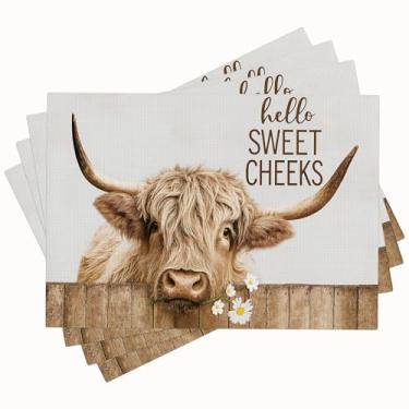 Imagem de Jogo americano Farmhouse Highland Cow, conjunto de 4 tapetes de mesa de animais de fazenda, antiderrapante, lavável, para festa, cozinha, sala de jantar, decoração de 30 x 45 cm