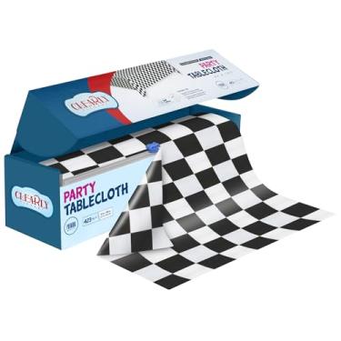 Imagem de Rolo de toalha de mesa de plástico quadriculado claro e preto com cortador, 423 pés quadrados (132 x 2,999 cm) Toalha de mesa de plástico descartável extra grande para festas, eventos e reuniões ao ar