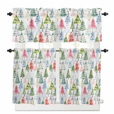 Imagem de Conjunto de cortinas de cozinha de árvore de Natal, cortinas de árvore de Natal com desenho animado verde, rosa, azul, saia e camada de 61 cm de comprimento, bolso de haste de plantas coloridas