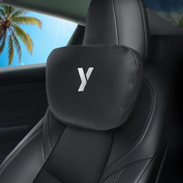 Imagem de Travesseiro de pescoço de carro de couro Napa para Tesla Model Y Model 3 Juniper/Highland almofada de encosto de cabeça espuma viscoelástica design ergonômico respirável altura ajustável acessórios