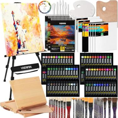 Imagem de VISWIN Kit de pintura de arte multifuncional de 151 peças com cavalete de alumínio e madeira de faia, conjunto de tinta acrílica, aquarela e óleo 96, telas, conjunto de pintura com materiais de arte