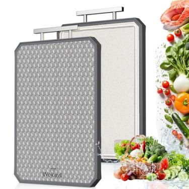 Imagem de Tábua de corte dupla face de aço inoxidável 304 e palha de trigo, tábua de cortar grande 40 x 28 cm não tóxica para cozinha, manuseia separadamente carne e legumes, pode ser lavada na lava-louças