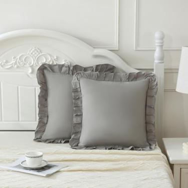 Imagem de Merryword Fronhas cinza claro 45 x 45 cm, pacote com 2 fronhas decorativas de microfibra macia com babados para sofá, quarto