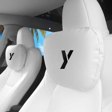 Imagem de Travesseiro de pescoço de carro de couro Nappa para Tesla Model Y Model 3 Juniper/Highland almofada de encosto de cabeça espuma viscoelástica design ergonômico respirável altura ajustável acessórios