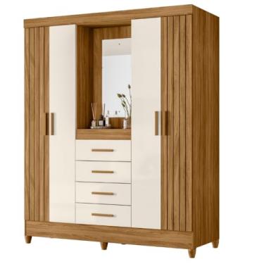 Imagem de Guarda Roupas Casal Detalhes Frisados Com Espelho 4 Portas 4 Gavetas Viena Madeirado/Off White
