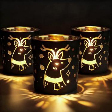 Imagem de ENFANTRY Castiçais de Natal, pacote com 3, suportes de vela de mosaico de vidro, dourado, azul, decoração de mesa de férias