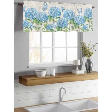 Imagem de Cortinas para janelas, verão, hortênsia, flor, janela, sanefa, bolso, borboleta, azul, floral, tratamento de janela, cortina para cozinha, sala de estar, quarto, 137 x 45 cm
