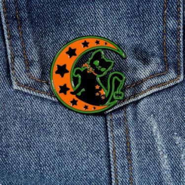Imagem de Broche de lapela de gato maligno lua estrela para mulheres laranja verde preto esmalte crescente celestial terno cachecol acessórios ws crachá joias de Halloween