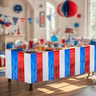 Imagem de Pacote com 2 saias de mesa com franjas de 4 de julho, saias de mesa patrióticas vermelhas, brancas e azuis, para mesas retangulares e redondas para o Dia da Independência do Memorial Day, Dia do