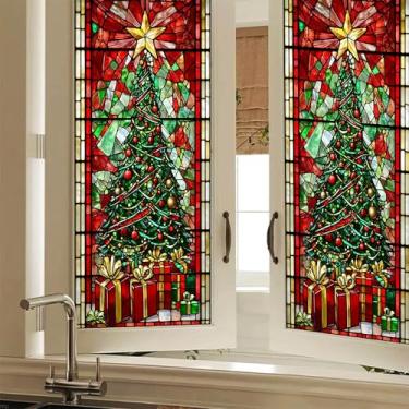 Imagem de HOMETITUTE Película para janela de árvore de Natal 17,7 x 39,3 polegadas estrela e presente adesivo de janela de privacidade para decoração de casa de inverno festivo sazonal adesivos de janela