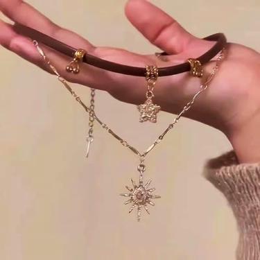 Imagem de Colar feminino de zircão, estrela do sol, vintage, de couro, com pingente de estrela de camada dupla, joia