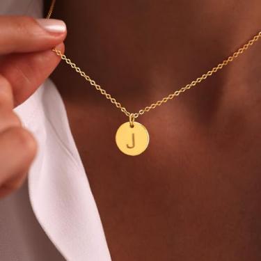Imagem de Colar feminino com inicial de ouro, banhado a ouro 14K, feito à mão, com pingente de moeda, joia, Medium, Latão, Sem Pedra Preciosa