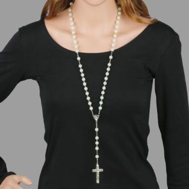 Imagem de Colar luminoso que brilha no escuro com cruz em Y, contas redondas católicas, crucifixo de Jesus, corrente de rosário para mulheres e homens