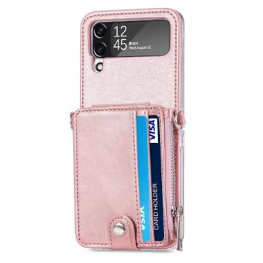 Imagem de Capa de couro para celular com compartimento para cartão para Samsung Galaxy Z Flip4 flip5 5G Flip 5 4 flip3 flip 3 Zflip4 com alça de telefone capa carteira, rosa, para Samsung z flip 4