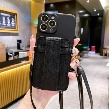 Imagem de Capa de telefone crossbody com alça de pulso para cartões para iPhone 14 13 12 11 Pro XS Max 7 8 Plus SE 2020 Capa macia de couro com cordão, preta, para iPhone 7Plus (8Plus)