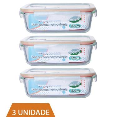 Imagem de 3 Pote 1520ml Vidro Forno Microondas Tampa Hermetica Forte - QUALITY H