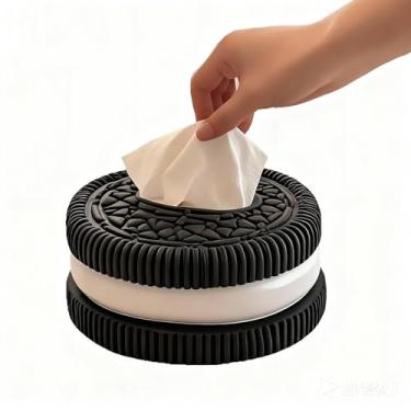 Imagem de Porta-guardanapos criativo preto e branco redondo de resina com design de biscoito de desenho animado divertido para casa e escritório, decoração exclusiva, sala de estar, quarto, mesa