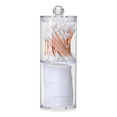 Imagem de Organizador de Cosméticos em Acrílico Transparente, Porta Algodão e Cotonetes com Tampa, 19cm x 7cm, 2 Compartimentos para Bancada de Banheiro e Maquiagem