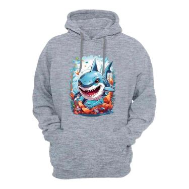 Imagem de Blusa de Moletom Plus Size Bolso Canguru Com Capuz Flanelada Quente Inverno Estampa Tubarão