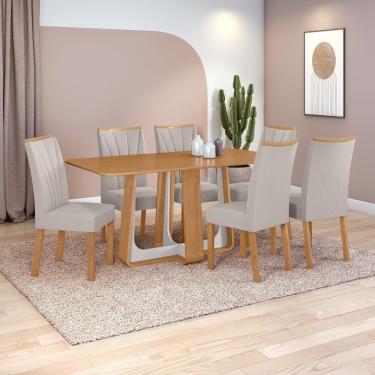 Imagem de Conjunto Sala De Jantar Mesa Easy Pop 170x90cm Tampo Mdf Com 6 Cadeiras Confort Linho Mosaico Cinza Amêndoa/off White