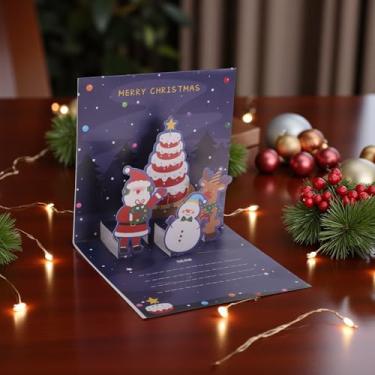 Imagem de 1 conjunto de cartão de felicitações de Natal bolo grande com papel envelope azul escuro branco 12 cm x 12 cm