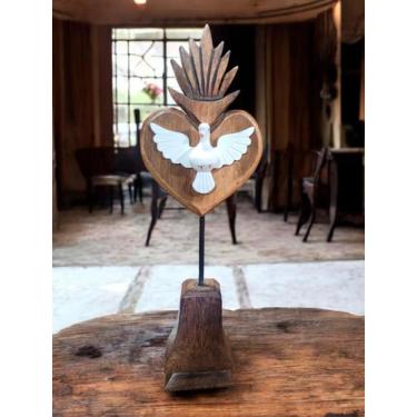 Imagem de Pedestal Divino Coração com Pomba Branca - Estilo Rústico