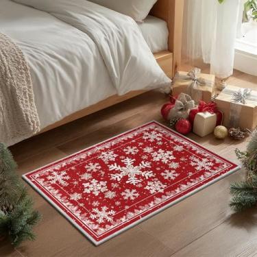 Imagem de Artoid Mode Tapete de porta de inverno com pinha de floco de neve vermelho, decoração de casa de Natal, baixo perfil, antiderrapante, lavável, para cozinha, entrada, porta da frente, quarto, banheiro