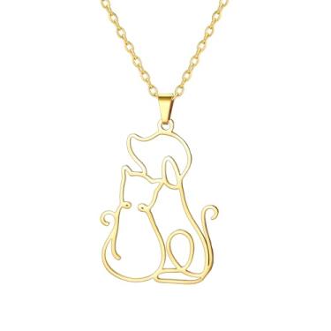 Imagem de PDOUSELF Colares de contorno simples de cães e gatos para mulheres, colar com pingente de gato de aço inoxidável para filhas, presentes para amantes de cães, 20, Aço inoxidável, Sem Pedra Preciosa