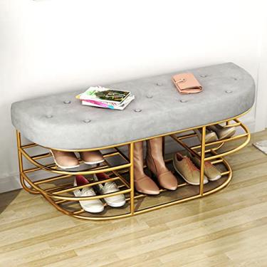 Imagem de Banco de sapato estofado moderno, sapateira de metal com decoração de assento de veludo, móveis de decoração de sala de estar, banco de armazenamento de sapatos de entrada de luxo - cinza 100 x 35 x