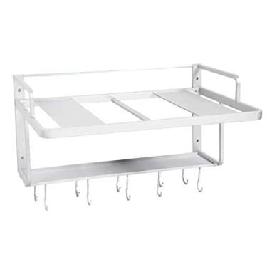 Imagem de Acessórios de armazenamento de cozinha de deck duplo, rack de forno de micro-ondas de alumínio com ganchos, suporte de parede multifuncional organizador de armazenamento, suporte de forno, prateleiras