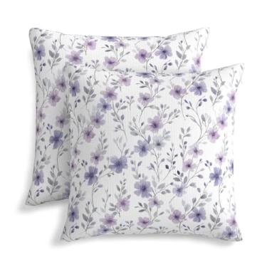 Imagem de KiuLoam Capas de almofada de folhas florais roxas cinza 45,7 x 45,7 cm, conjunto de 2 almofadas decorativas rústicas para ambientes externos neutros para decoração de sofá-cama
