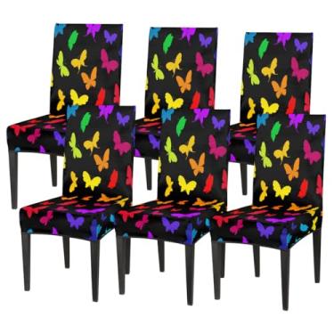 Imagem de Conjunto de 6 capas elásticas para cadeira de sala de jantar, capa protetora de assento de cadeira, borboleta, animal, colorido, removível, lavável, para cozinha, casa, hotel, banquete, festa de