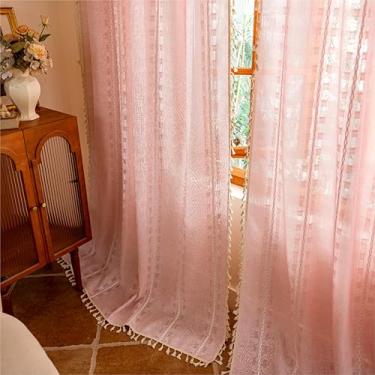 Imagem de Cortinas Boho rosa 244 cm conjunto de 2 painéis para sala de estar, sala de jantar, do chão ao teto, borlas de filtragem de luz para meninas, privacidade, país, vintage, bordado, boêmio, listras