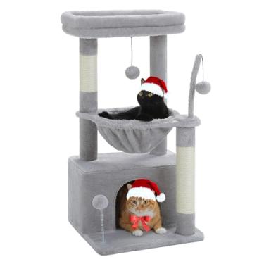 Imagem de PEQULTI Árvore para gatos 4 em 1, torre para gatos de 83 cm para ambientes internos com condomínio grande para gatos, poste arranhador para gatos com rede profunda e poleiro aconchegante, cinza
