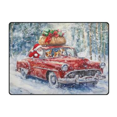 Imagem de Blueangle Tapetes de Natal laváveis de 10 x 13 cm para sala de estar - Tapete ultramacio antiderrapante resistente a manchas com estampa de carro vermelho vintage, decoração de férias para quarto e