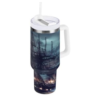Imagem de Blueangle Copo isolado de 1,134 g com alça e tampa de canudo - Caneca de viagem de aço inoxidável à prova de vazamento, garrafa de água de navio pirata a vácuo de parede dupla (857)