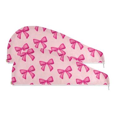 Imagem de SEHANY Linda toalha de cabelo de microfibra com laço rosa para mulheres, 2 peças, turbantes de cabelo de secagem rápida com botão, touca de cabelo seco absorvente toalha de secagem de cabelo para
